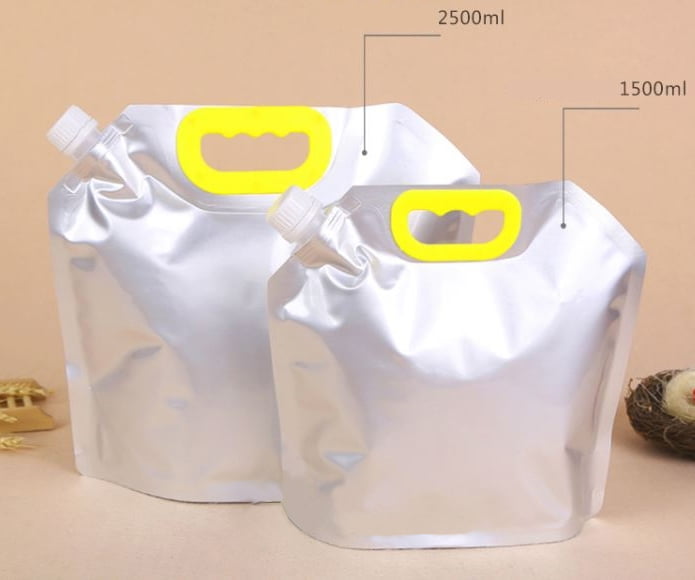2500ml Aluminium Silver Foil Stand Up Spout Pouch for Liquid Packaging, with Handle (100 pcs)